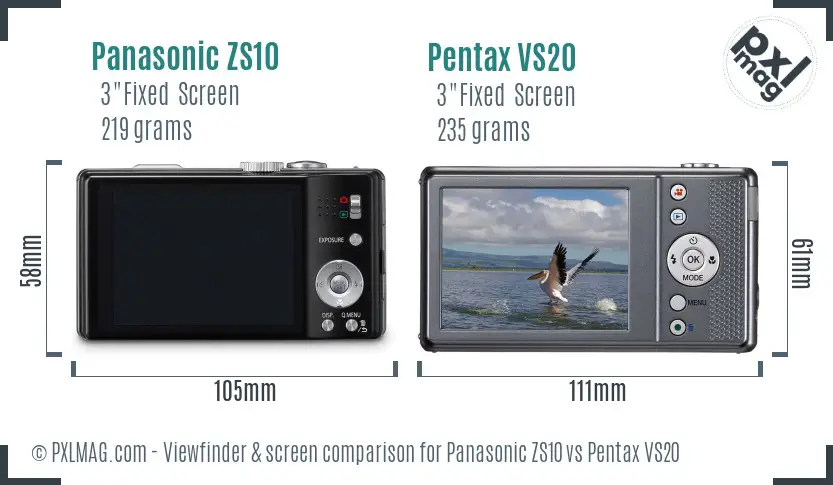 Panasonic ZS10 vs Pentax VS20 Screen and Viewfinder comparison