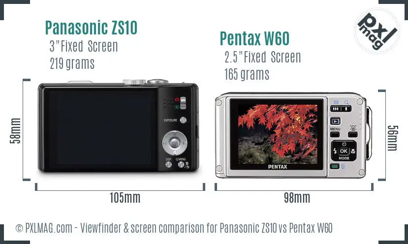 Panasonic ZS10 vs Pentax W60 Screen and Viewfinder comparison