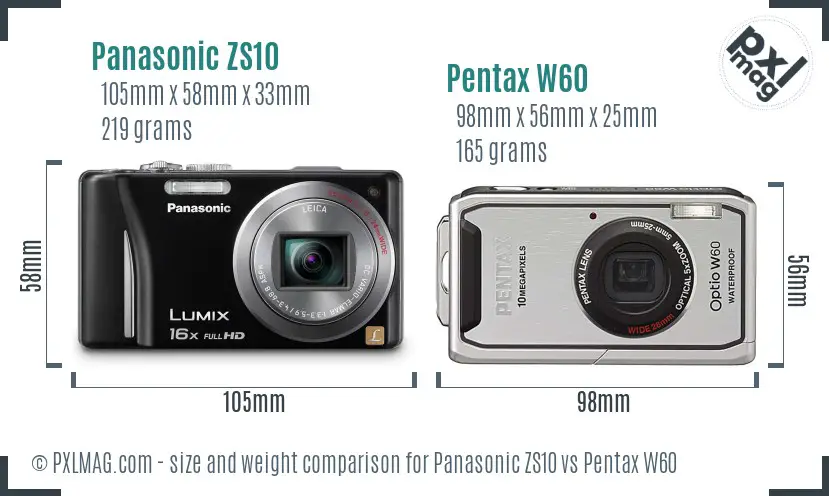 Panasonic ZS10 vs Pentax W60 size comparison