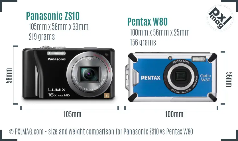 Panasonic ZS10 vs Pentax W80 size comparison