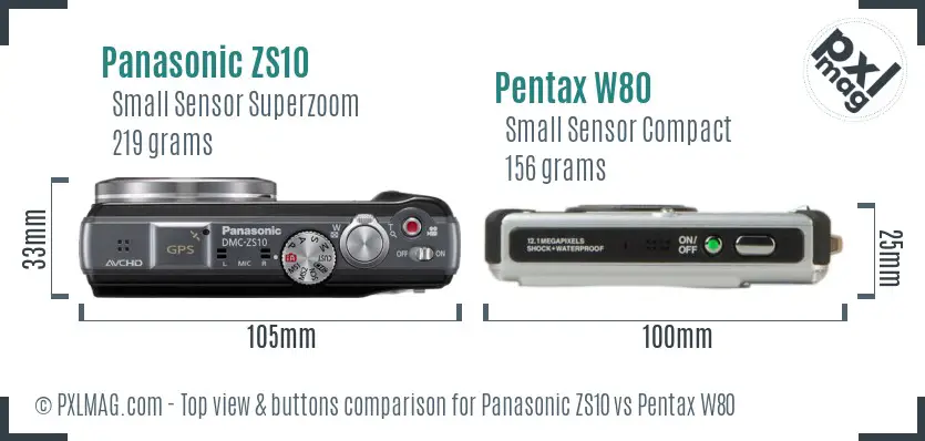 Panasonic ZS10 vs Pentax W80 top view buttons comparison