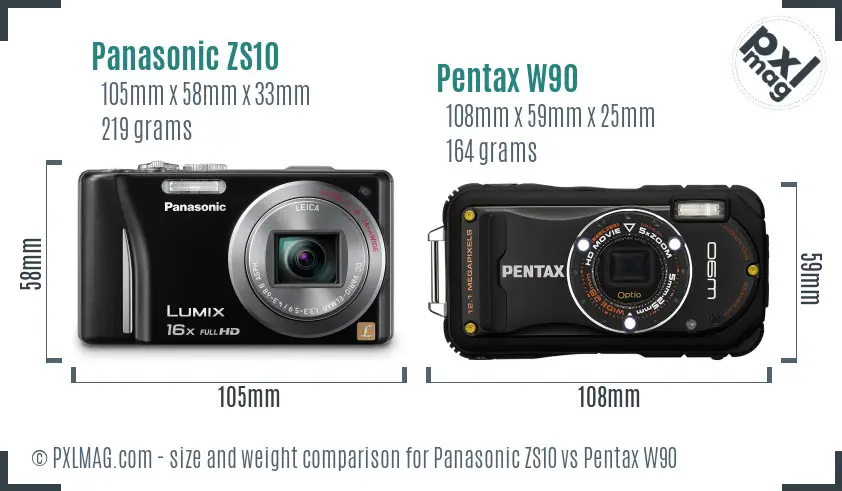 Panasonic ZS10 vs Pentax W90 size comparison