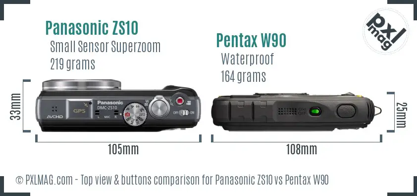 Panasonic ZS10 vs Pentax W90 top view buttons comparison
