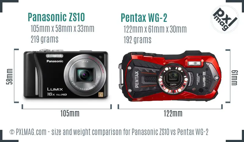 Panasonic ZS10 vs Pentax WG-2 size comparison