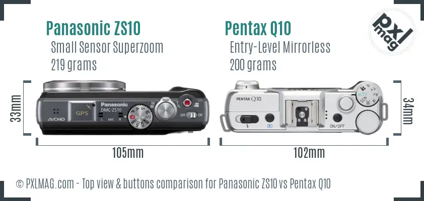 Panasonic ZS10 vs Pentax Q10 top view buttons comparison