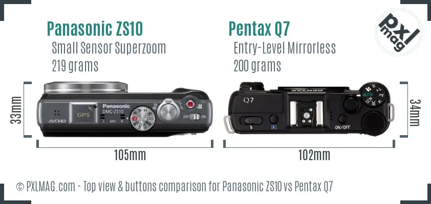 Panasonic ZS10 vs Pentax Q7 top view buttons comparison Panasonic ZS10 vs Pentax Q7 top view buttons comparison