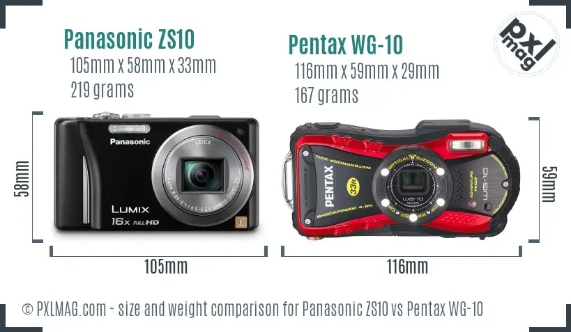 Panasonic ZS10 vs Pentax WG-10 size comparison