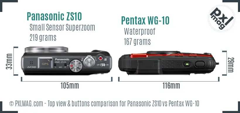 Panasonic ZS10 vs Pentax WG-10 top view buttons comparison