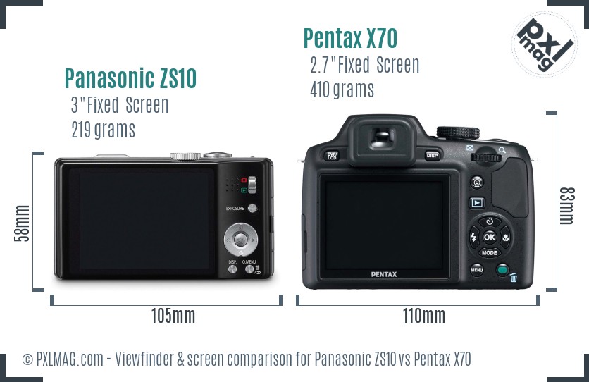 Panasonic ZS10 vs Pentax X70 Screen and Viewfinder comparison