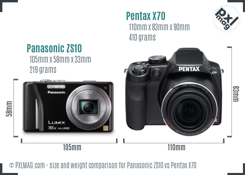 Panasonic ZS10 vs Pentax X70 size comparison Panasonic ZS10 vs Pentax X70 size comparison