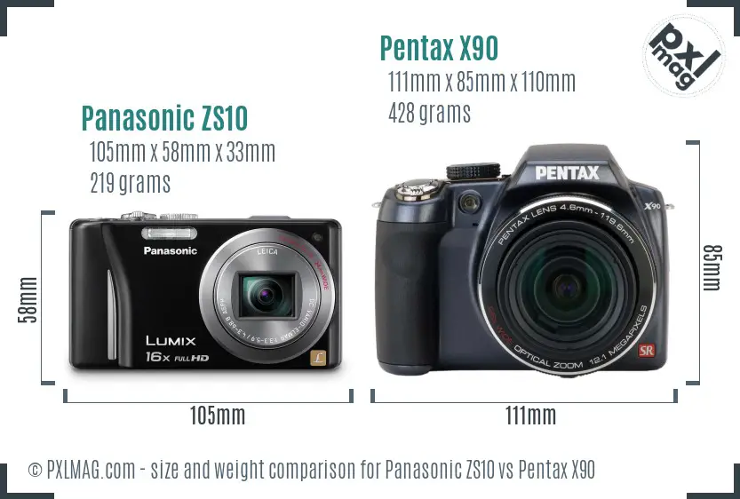 Panasonic ZS10 vs Pentax X90 size comparison