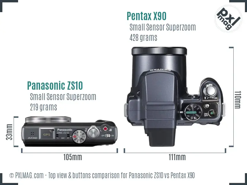 Panasonic ZS10 vs Pentax X90 top view buttons comparison