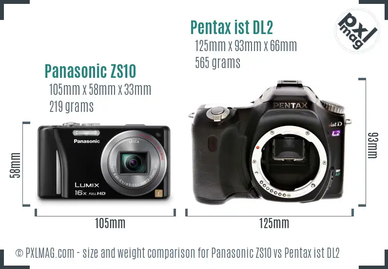 Panasonic ZS10 vs Pentax ist DL2 size comparison