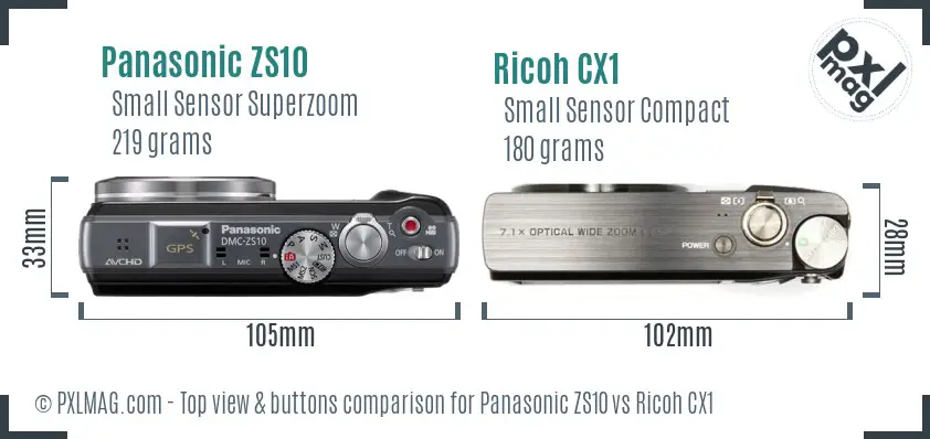 Panasonic ZS10 vs Ricoh CX1 top view buttons comparison