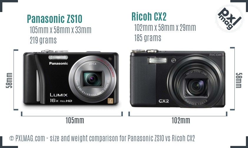 Panasonic ZS10 vs Ricoh CX2 size comparison Panasonic ZS10 vs Ricoh CX2 size comparison