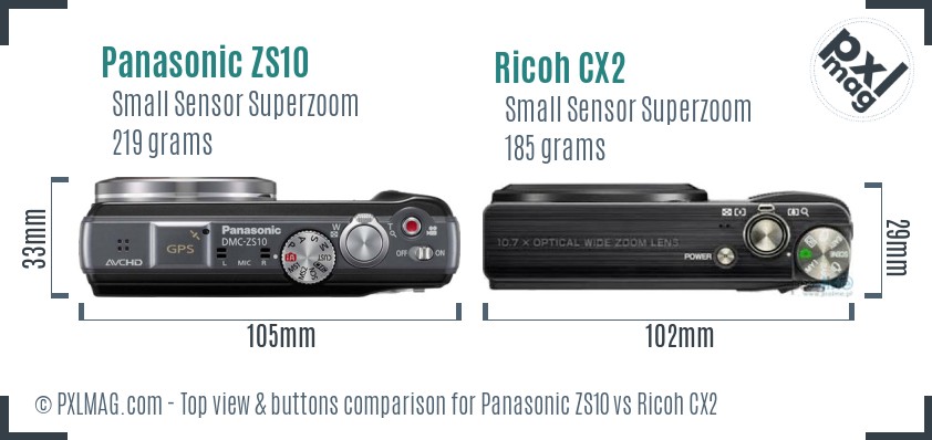 Panasonic ZS10 vs Ricoh CX2 top view buttons comparison