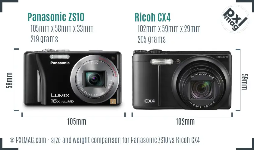 Panasonic ZS10 vs Ricoh CX4 size comparison Panasonic ZS10 vs Ricoh CX4 size comparison
