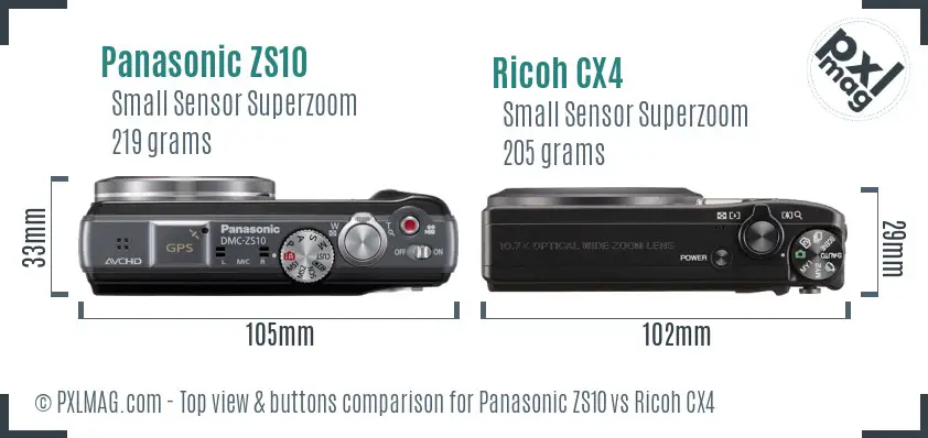 Panasonic ZS10 vs Ricoh CX4 top view buttons comparison Panasonic ZS10 vs Ricoh CX4 top view buttons comparison