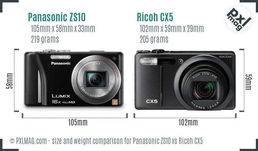 Panasonic ZS10 vs Ricoh CX5 size comparison