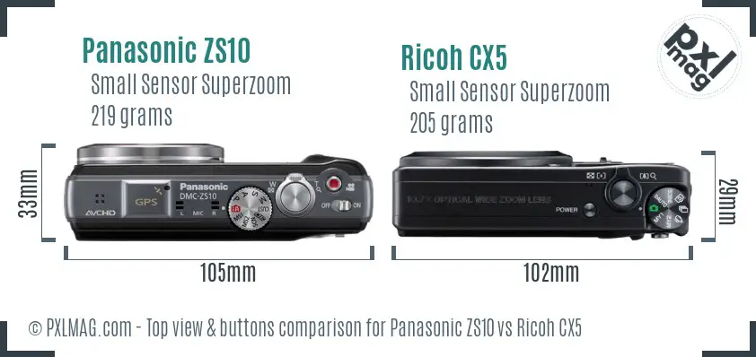 Panasonic ZS10 vs Ricoh CX5 top view buttons comparison