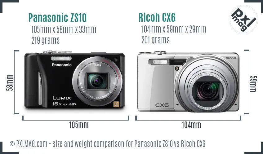 Panasonic ZS10 vs Ricoh CX6 size comparison