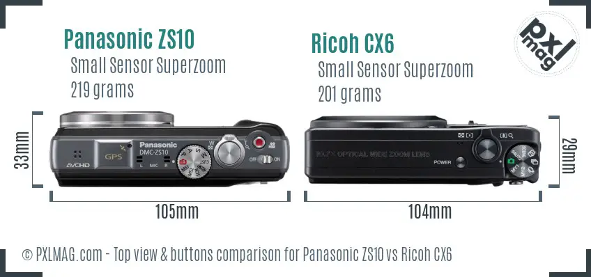 Panasonic ZS10 vs Ricoh CX6 top view buttons comparison