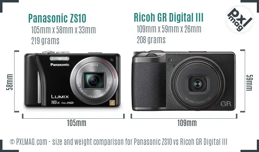 Panasonic ZS10 vs Ricoh GR Digital III size comparison