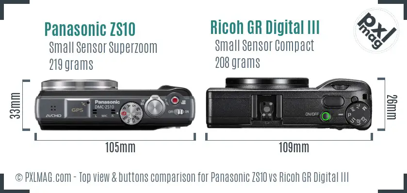 Panasonic ZS10 vs Ricoh GR Digital III top view buttons comparison