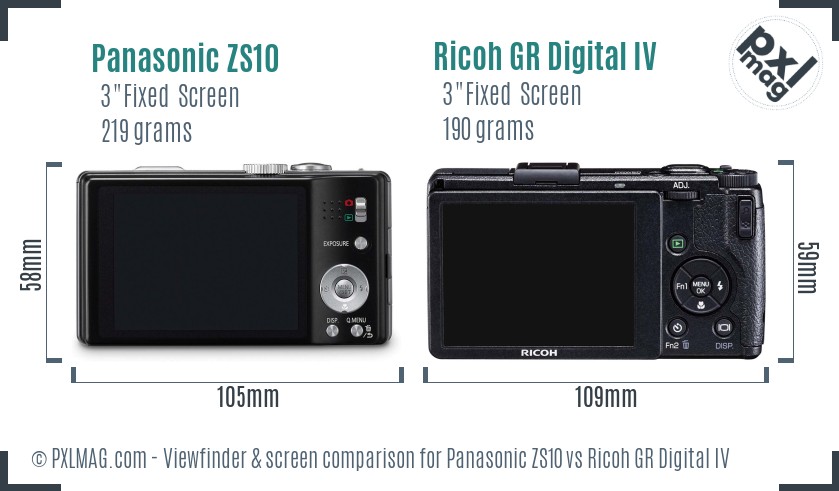Panasonic ZS10 vs Ricoh GR Digital IV Screen and Viewfinder comparison