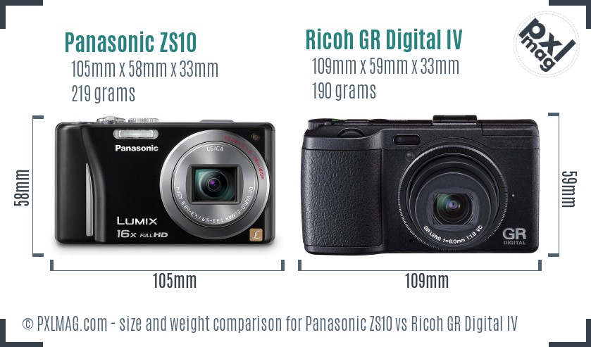 Panasonic ZS10 vs Ricoh GR Digital IV size comparison