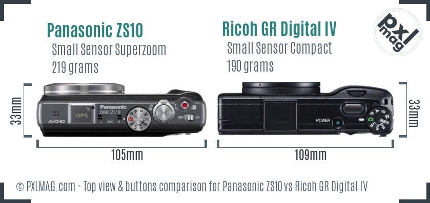 Panasonic ZS10 vs Ricoh GR Digital IV top view buttons comparison