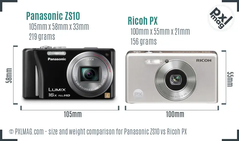 Panasonic ZS10 vs Ricoh PX size comparison