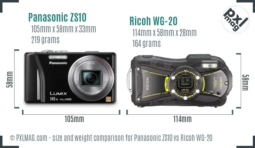 Panasonic ZS10 vs Ricoh WG-20 size comparison