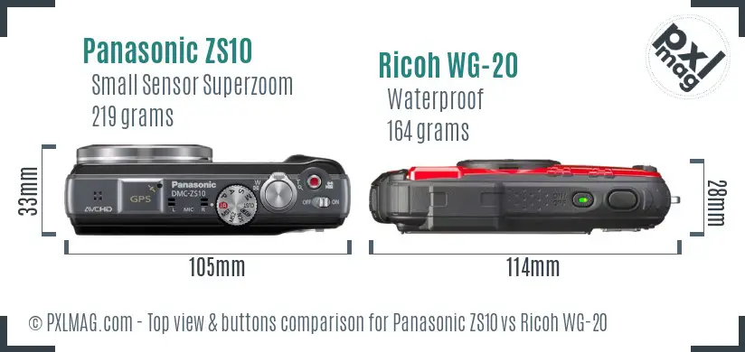 Panasonic ZS10 vs Ricoh WG-20 top view buttons comparison