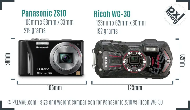 Panasonic ZS10 vs Ricoh WG-30 size comparison