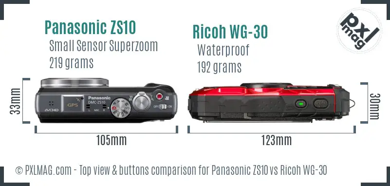 Panasonic ZS10 vs Ricoh WG-30 top view buttons comparison