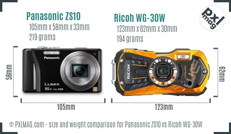 Panasonic ZS10 vs Ricoh WG-30W size comparison
