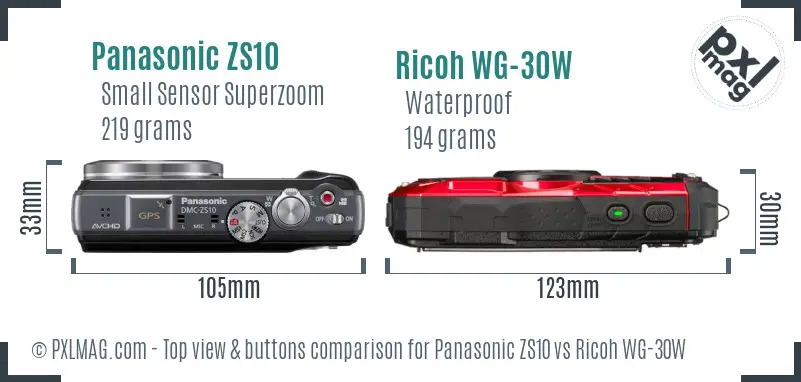 Panasonic ZS10 vs Ricoh WG-30W top view buttons comparison