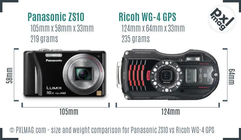 Panasonic ZS10 vs Ricoh WG-4 GPS size comparison Panasonic ZS10 vs Ricoh WG-4 GPS size comparison
