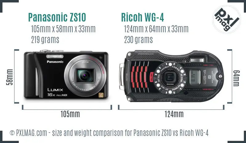 Panasonic ZS10 vs Ricoh WG-4 size comparison