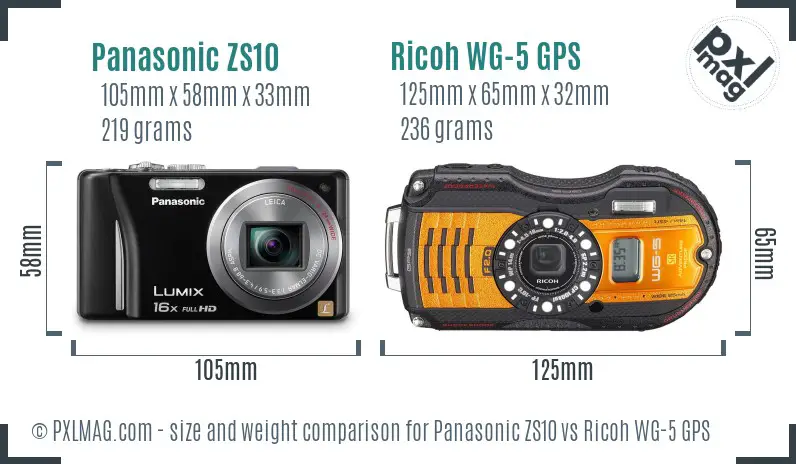 Panasonic ZS10 vs Ricoh WG-5 GPS size comparison
