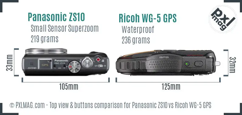 Panasonic ZS10 vs Ricoh WG-5 GPS top view buttons comparison
