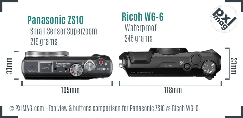 Panasonic ZS10 vs Ricoh WG-6 top view buttons comparison Panasonic ZS10 vs Ricoh WG-6 top view buttons comparison