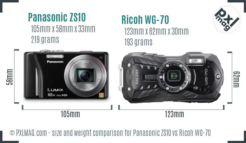 Panasonic ZS10 vs Ricoh WG-70 size comparison