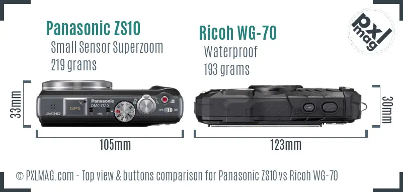 Panasonic ZS10 vs Ricoh WG-70 top view buttons comparison