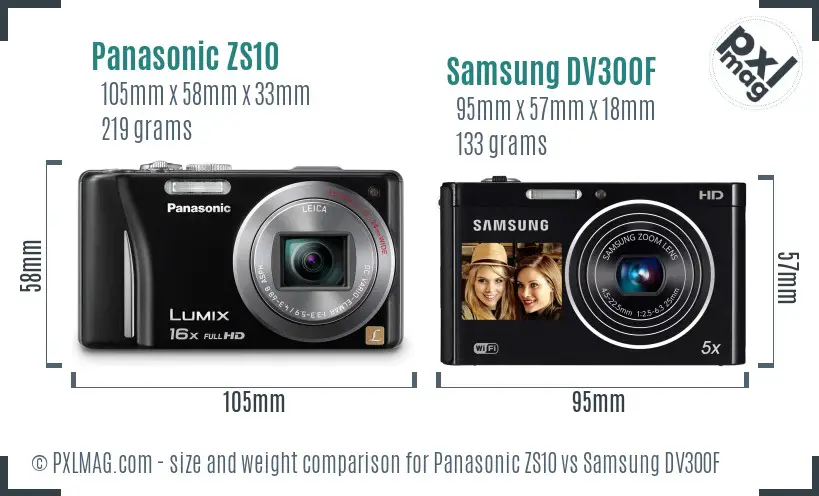 Panasonic ZS10 vs Samsung DV300F size comparison