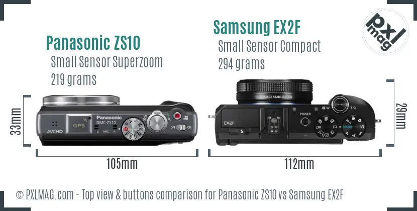 Panasonic ZS10 vs Samsung EX2F top view buttons comparison Panasonic ZS10 vs Samsung EX2F top view buttons comparison