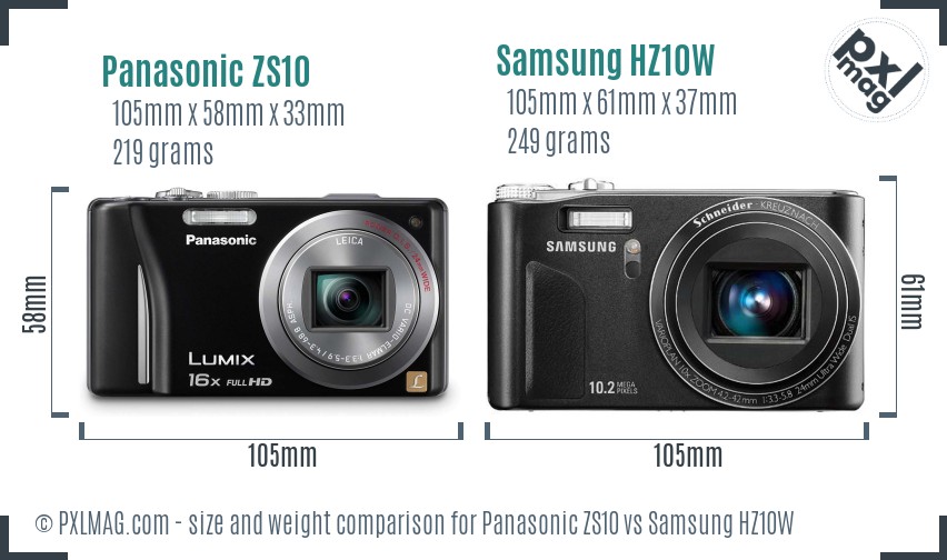 Panasonic ZS10 vs Samsung HZ10W size comparison