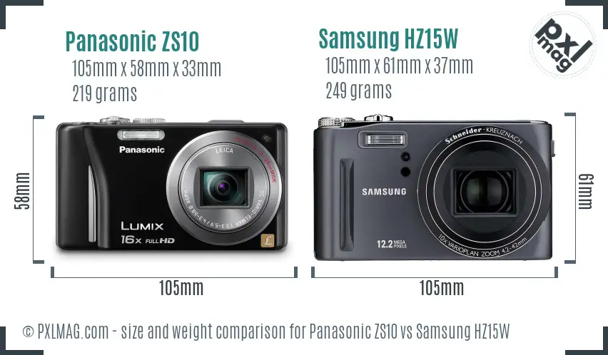 Panasonic ZS10 vs Samsung HZ15W size comparison