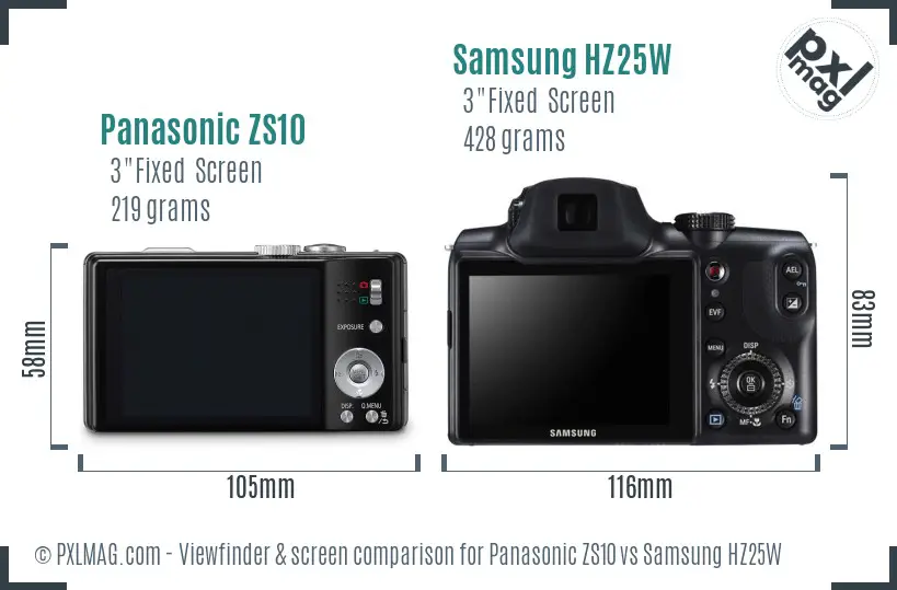 Panasonic ZS10 vs Samsung HZ25W Screen and Viewfinder comparison